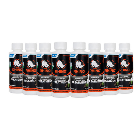 CAMCO RHINO PREMIUM RV HOLDING TANK TREATMENT - 8 SINGLE 4OZ BOTTLES