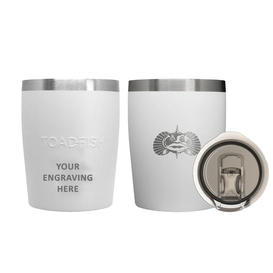 TOADFISH CUSTOM ENGRAVED NON-TIPPING 10OZ ROCKS TUMBLER - WHITE (MINIMUM ORDER QUANTITY OF 25)