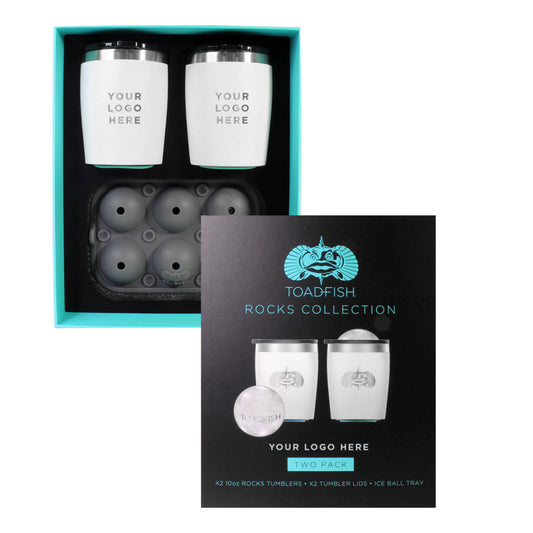 TOADFISH CUSTOM ENGRAVED NON-TIPPING 10OZ WHITE ROCKS TUMBLERS WITH ICE BALL TRAY - 2 TUMBLERS (MINIMUM ORDER QUANTITY OF 25)