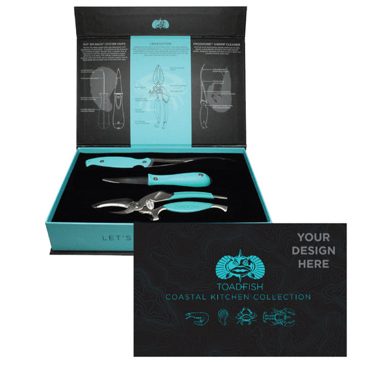 TOADFISH CUSTOM ENGRAVED COASTAL KITCHEN COLLECTION - OYSTER KNIFE, SHRIMP CLEANER &AMP; CRAB CUTTER - SEAFOOD TOOLS ARE NOT ENGRAVED (MINIMUM ORDER QUANTITY OF 25)