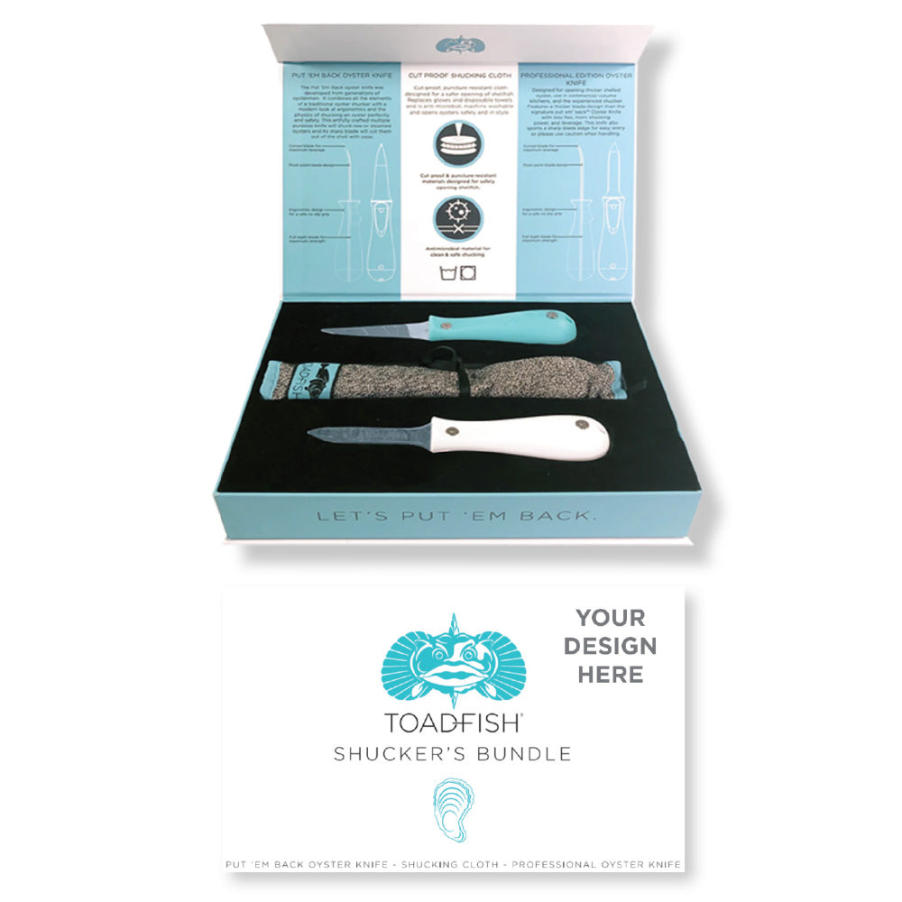 TOADFISH CUSTOM ENGRAVED SHUCKER'S BUNDLE - TEAL PUT 'EM BACK OYSTER KNIFE, PROFESSIONAL OYSTER KNIFE &AMP; CUT-PROOF SHUCKING CLOTH - KNIFES ARE NOT ENGRAVED (MINIMUM ORDER QUANTITY OF 25)