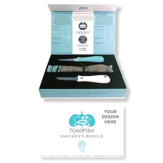 TOADFISH CUSTOM ENGRAVED SHUCKER'S BUNDLE - TEAL PUT 'EM BACK OYSTER KNIFE, PROFESSIONAL OYSTER KNIFE &AMP; CUT-PROOF SHUCKING CLOTH - KNIFES ARE NOT ENGRAVED (MINIMUM ORDER QUANTITY OF 25)