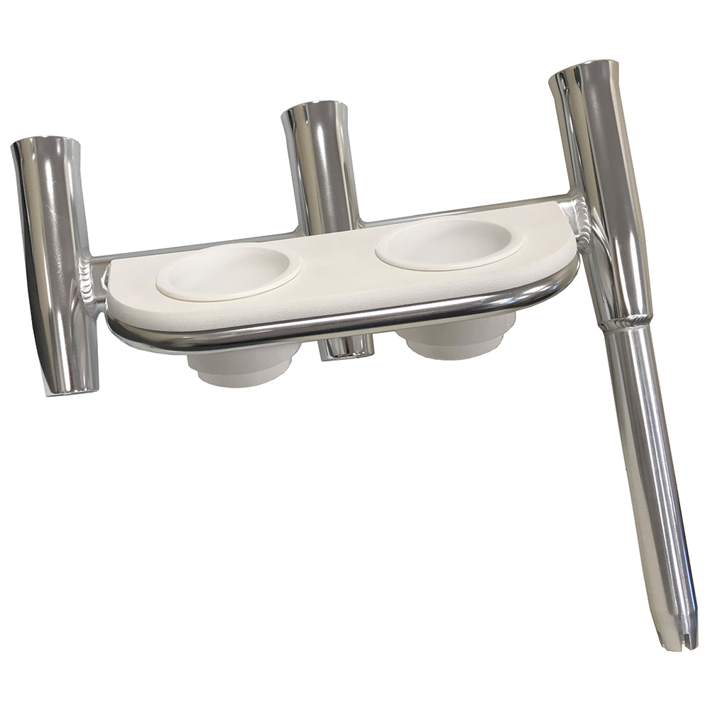TIGRESS OFFSET TRIPLE ROD HOLDER W/CUP HOLDERS - PORT SIDE - POLISHED ALUMINUM