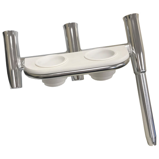 TIGRESS OFFSET TRIPLE ROD HOLDER W/CUP HOLDERS - PORT SIDE - POLISHED ALUMINUM