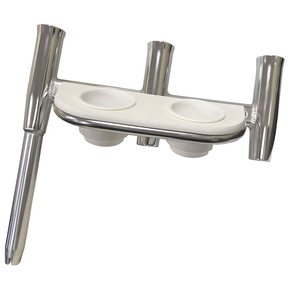 TIGRESS OFFSET TRIPLE ROD HOLDER W/CUP HOLDERS - STARBOARD SIDE - POLISHED ALUMINUM