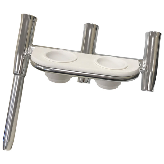 TIGRESS OFFSET TRIPLE ROD HOLDER W/CUP HOLDERS - STARBOARD SIDE - POLISHED ALUMINUM