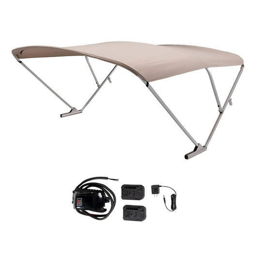 SURESHADE BATTERY POWERED BIMINI - CLEAR ANODIZED FRAME &AMP; BEIGE FABRIC