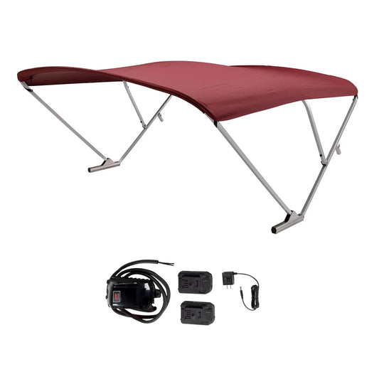 SURESHADE BATTERY POWERED BIMINI - CLEAR ANODIZED FRAME &AMP; BURGUNDY FABRIC