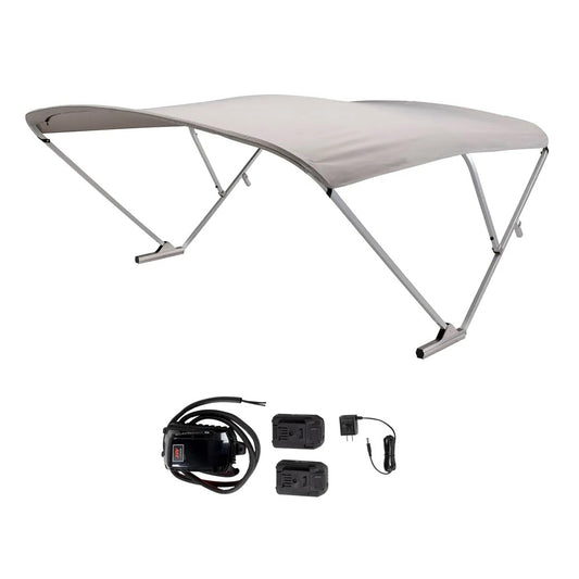 SURESHADE BATTERY POWERED BIMINI - CLEAR ANODIZED FRAME &AMP; GREY FABRIC