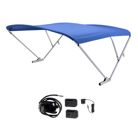 SURESHADE BATTERY POWERED BIMINI - CLEAR ANODIZED FRAME &AMP; PACIFIC BLUE FABRIC
