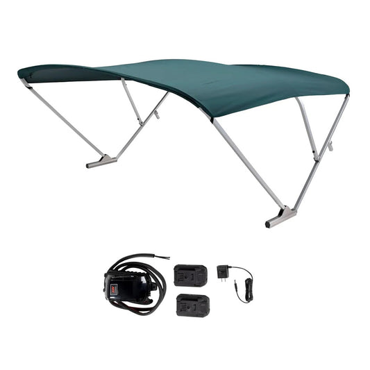 SURESHADE BATTERY POWERED BIMINI - CLEAR ANODIZED FRAME &AMP; GREEN FABRIC